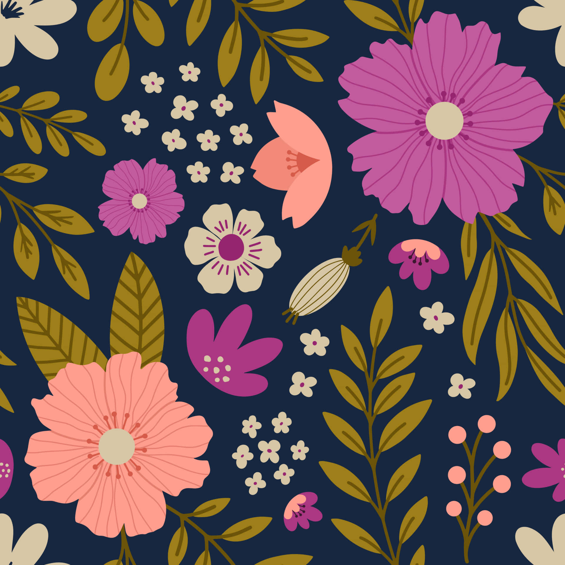 Et blomstermønster med pink og lilla blomster Wallpaper