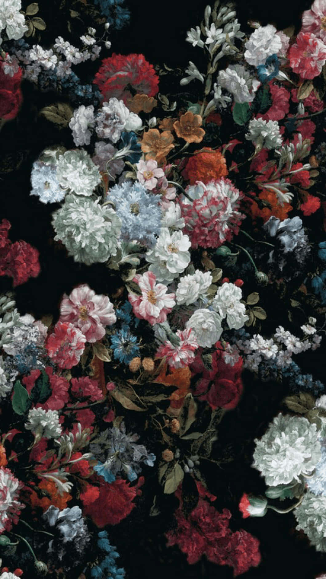 En sort floral stof med røde, blå og hvide blomster Wallpaper