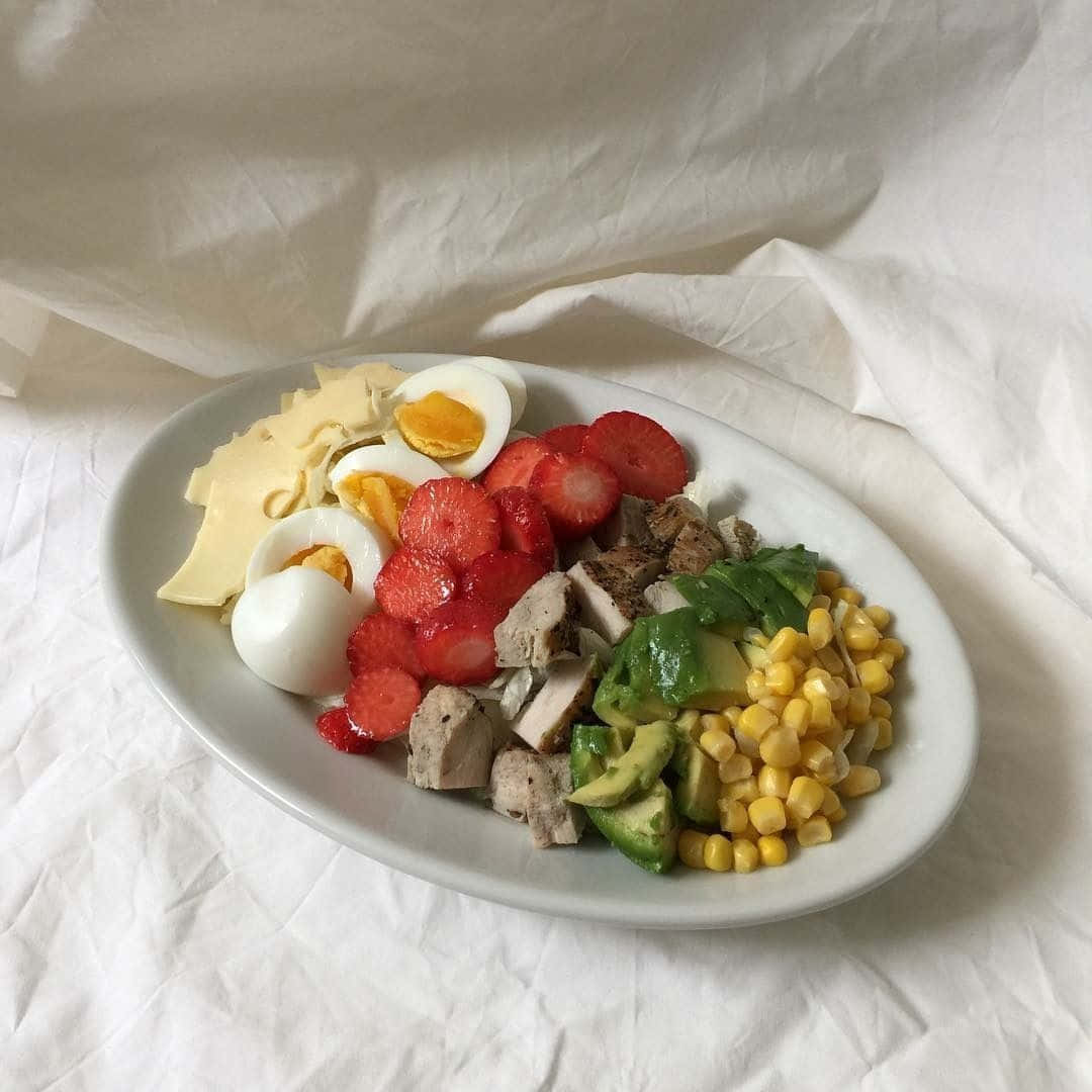 A Plate With A Chicken Salad, Corn, Avocado And Eggs