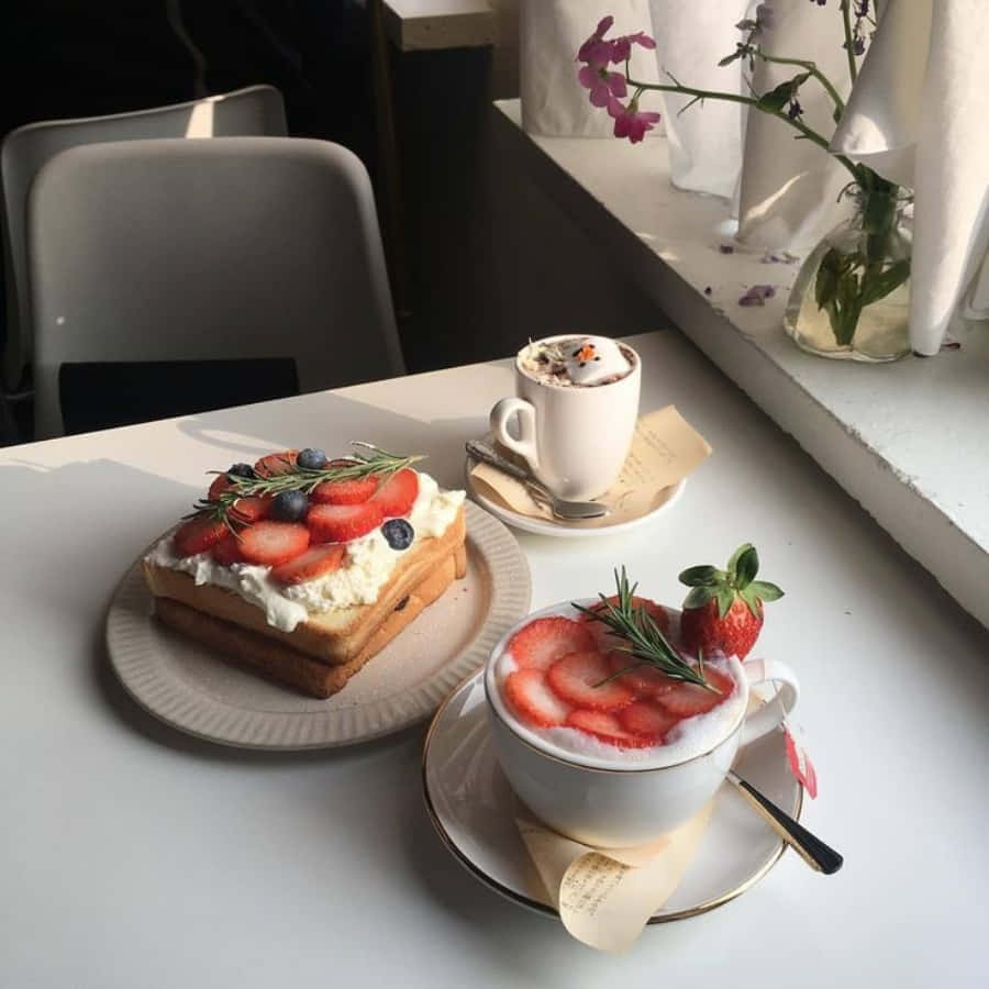 A White Table With A Cup Of Coffee And A Plate Of Strawberries