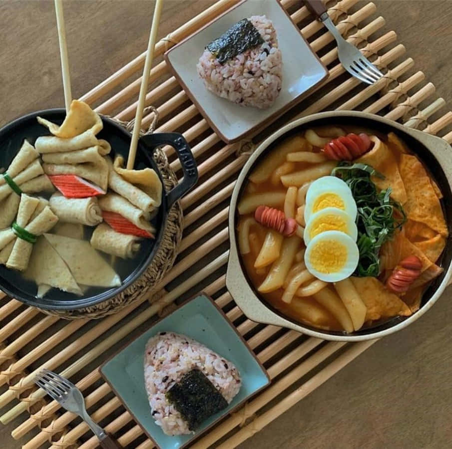 A Table With Bowls Of Food And Chopsticks