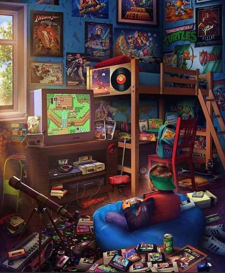 Et værelse med masser af videospiludstyr. Wallpaper