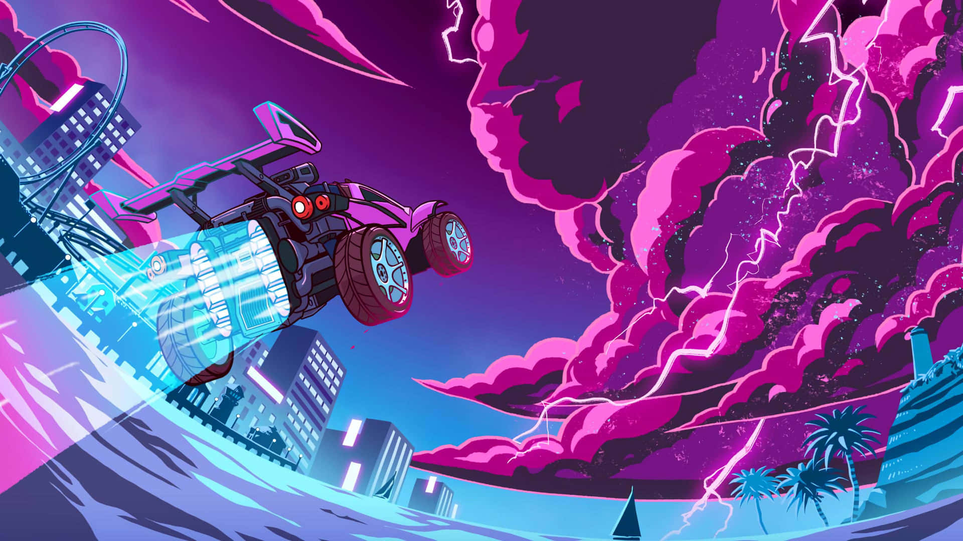 A Purple Car Driving Through A City With Lightning Wallpaper