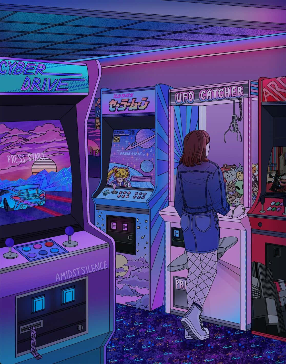 A Woman Is Standing In Front Of A Bunch Of Arcade Machines Wallpaper