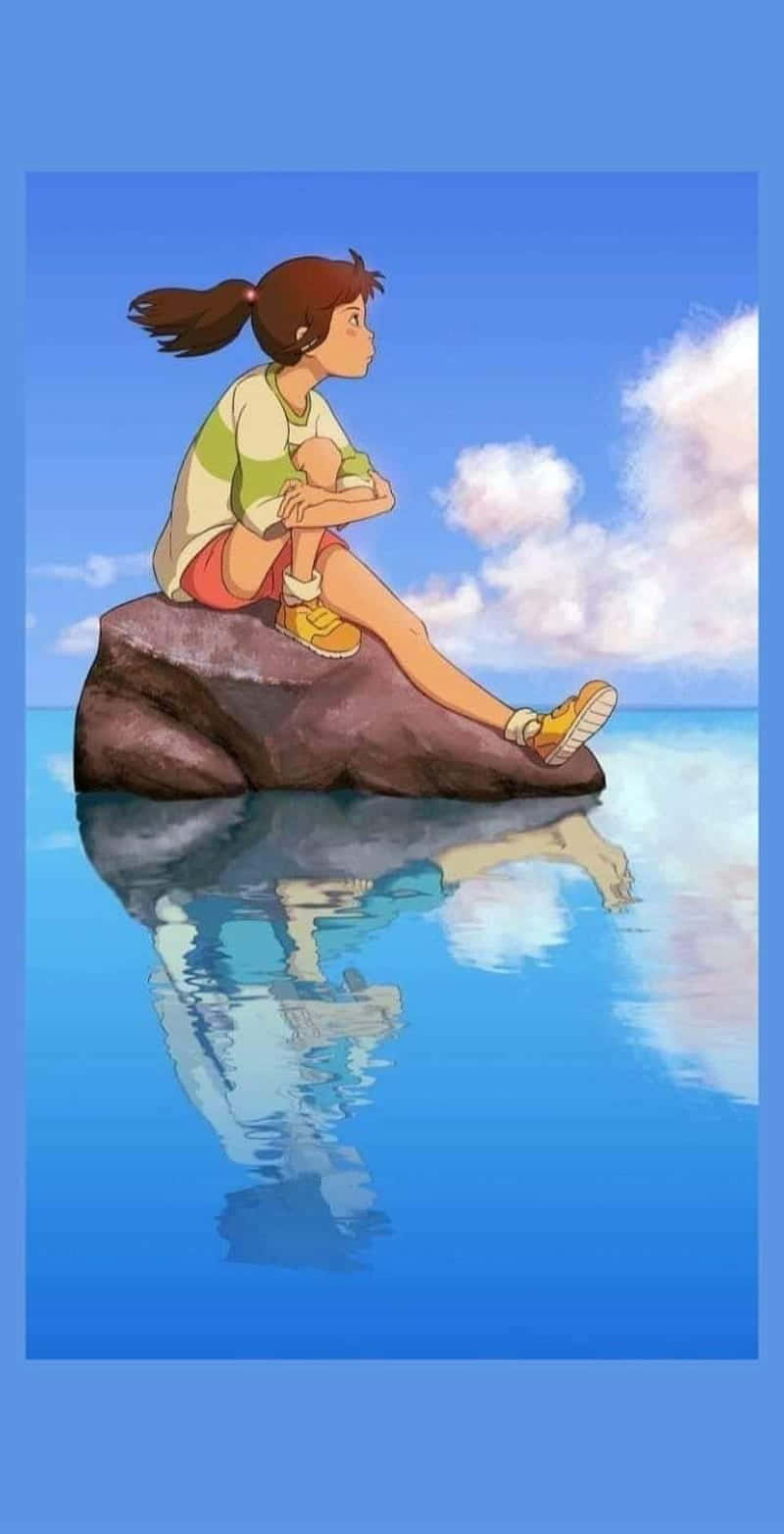 Æstetisk Ghibli Chihiro siddende på klippestråler Wallpaper