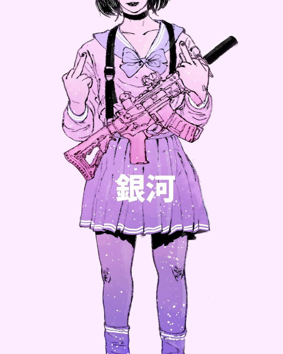 En pige, der holder en pistol i en lilla nederdel. Wallpaper