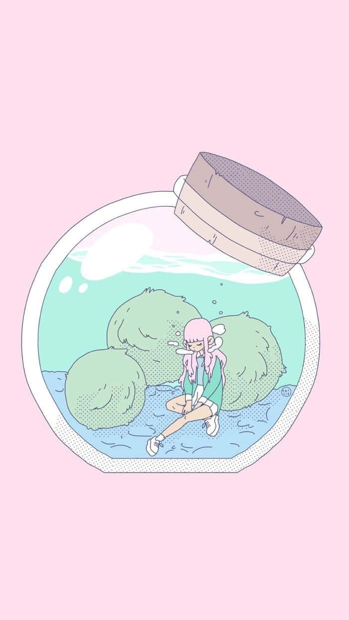 A Girl Sitting In A Jar With A Pink Flower Wallpaper