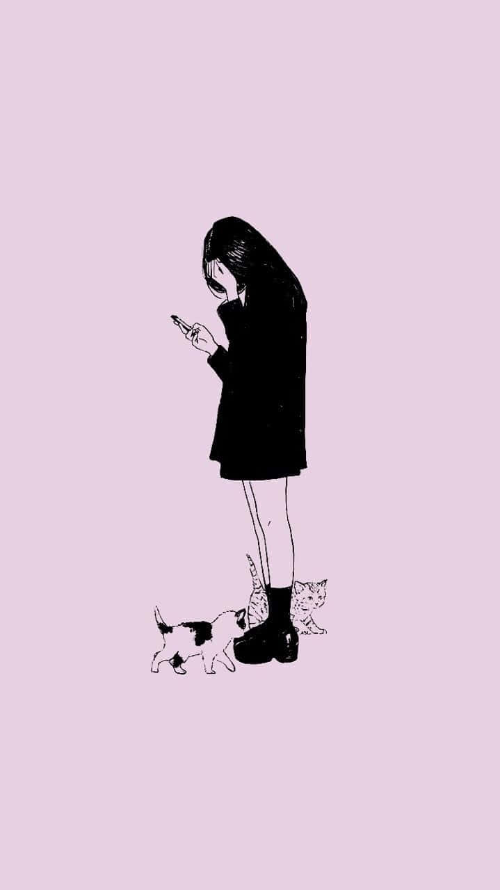 Dibujoestético De Una Chica Con Gatos. Fondo de pantalla