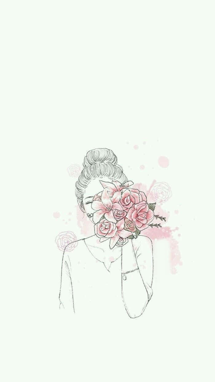 Æstetisk pige tegning med rosen buket Wallpaper