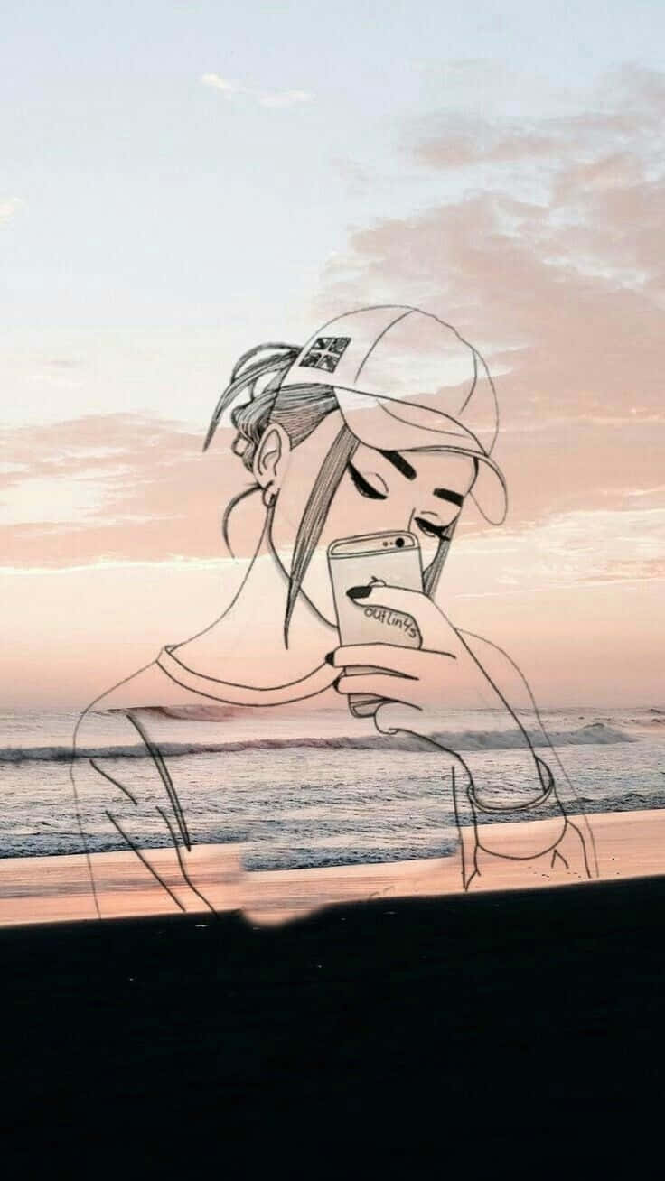Aesthetic Girl Drawing With Beach Overlay Wallpaper