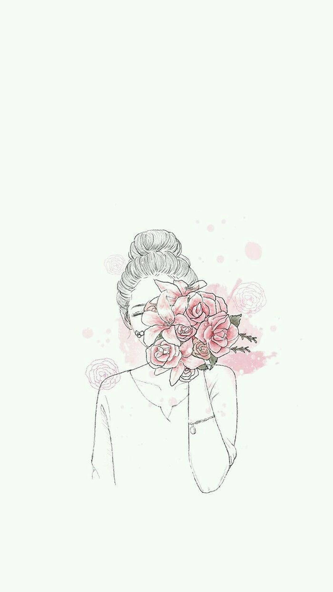 Aesthetic Girl With Pink Flowers Wallpaper