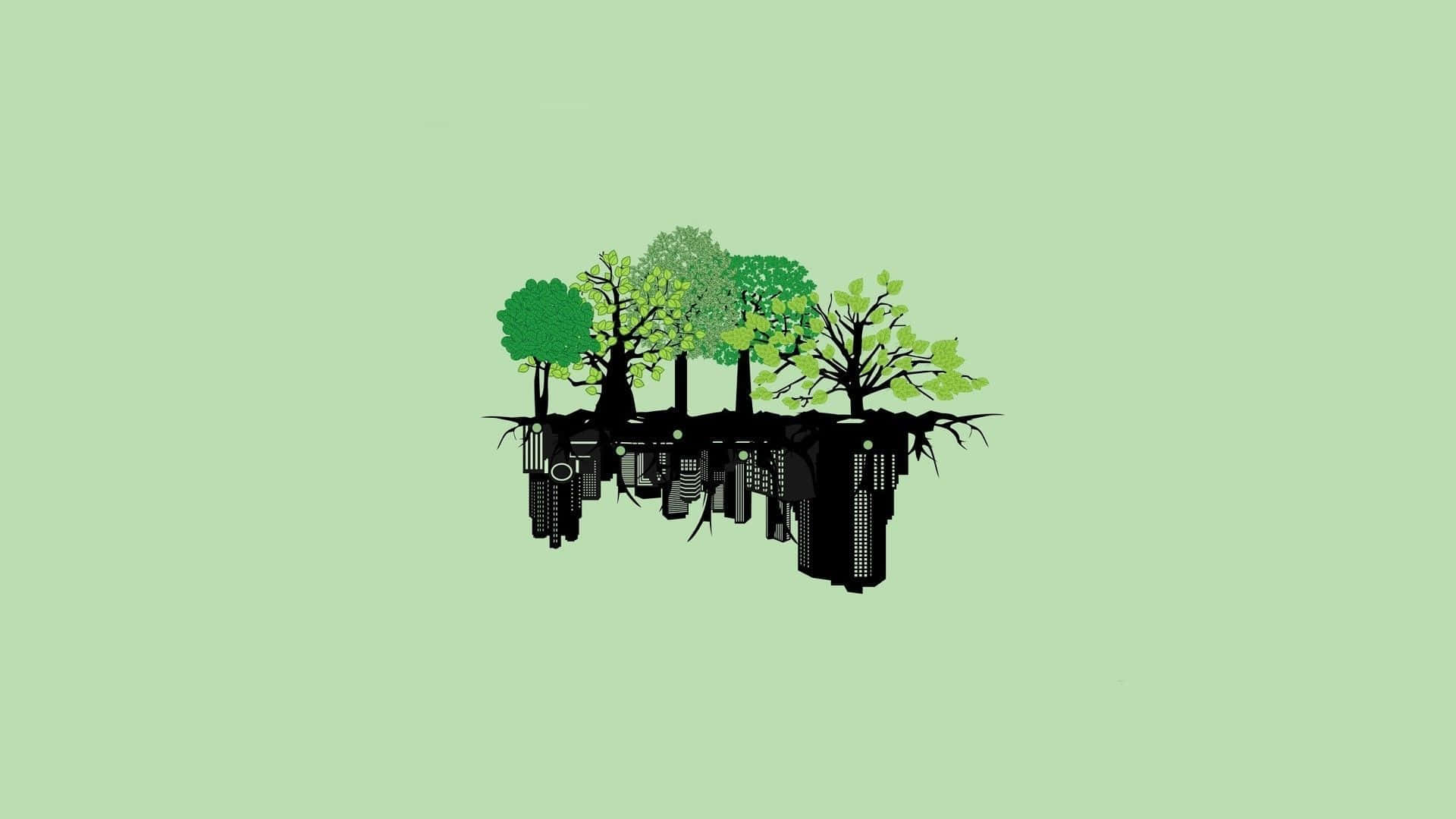 Download Aesthetic Green Minimal Trees With Inverted Buildings Wallpaper |  