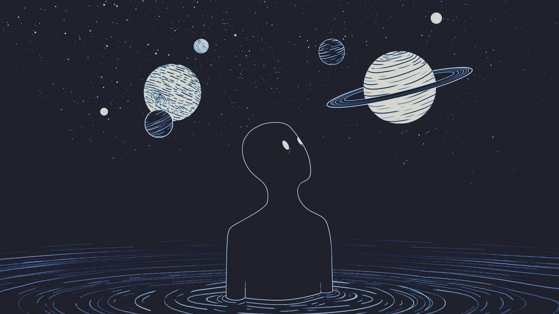 En mand står i vand med planeter omkring ham Wallpaper