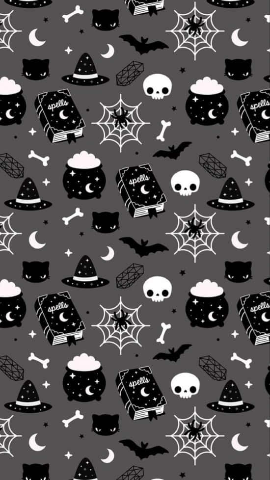 Aesthetic Halloween Background Black And White Spiders Skulls Background