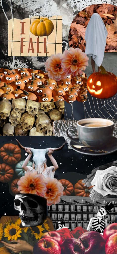 Aesthetic Halloween Background Photo Collage Skulls Pumpkins Coffee Background