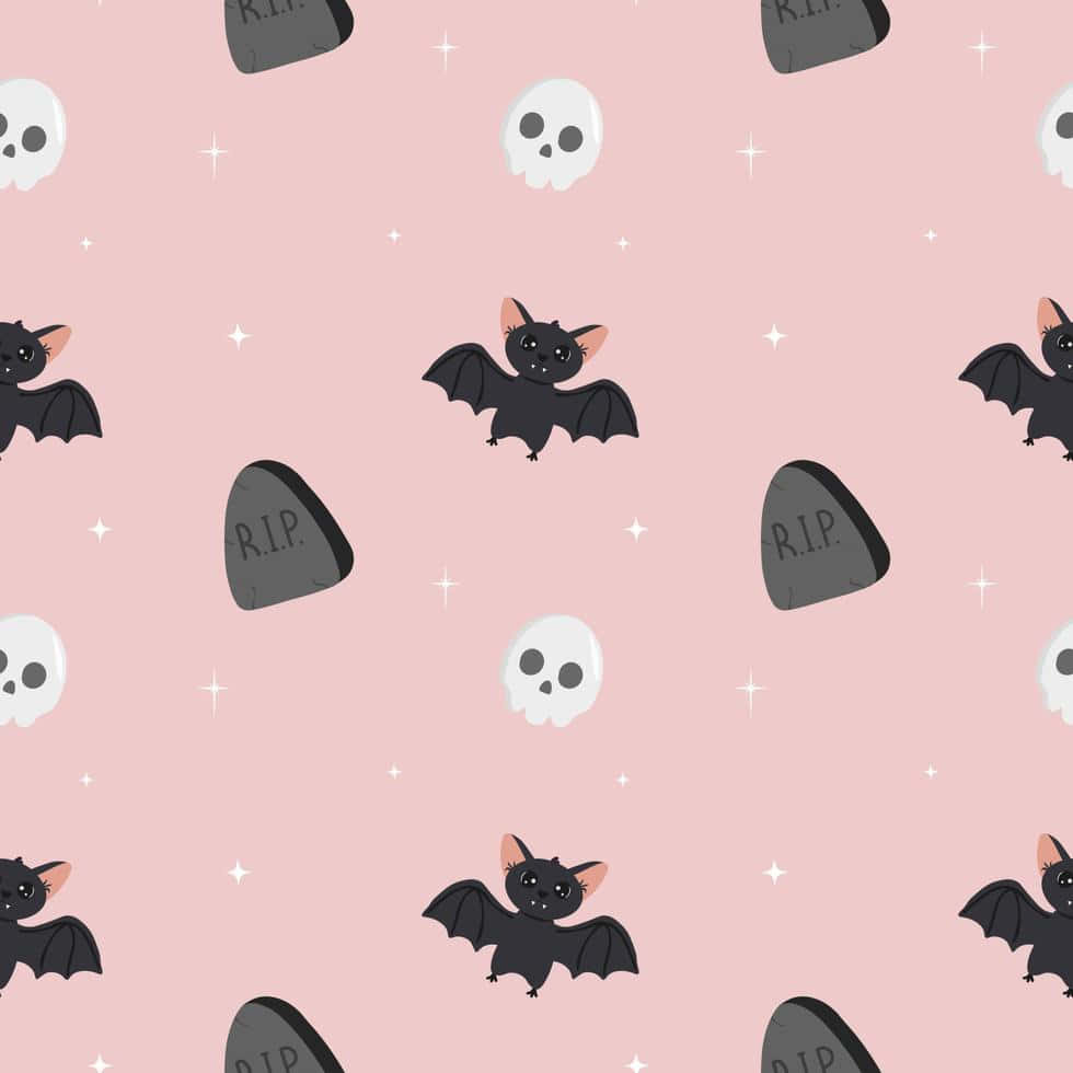 Aesthetic Halloween Background Bats Tombstones Skulls Pink Background