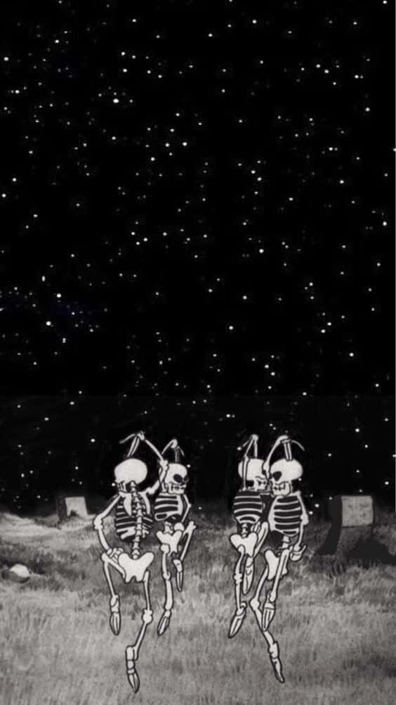 Aesthetic Halloween Background Cartoon Skeletons In A Graveyard Background