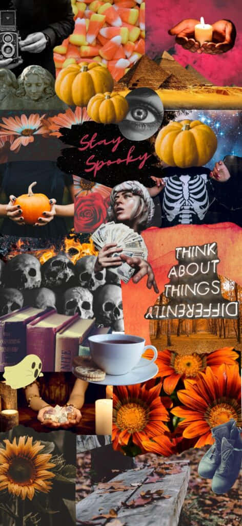 Aesthetic Halloween Background Photo Collage Pumpkins, Candles, Skulls Background