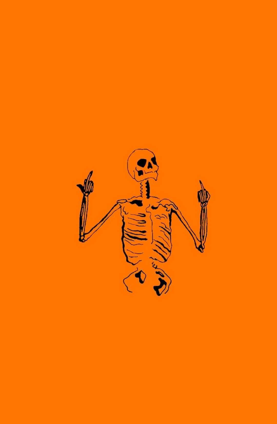 Aesthetic Halloween Background Skeleton Middle Finger Orange Background