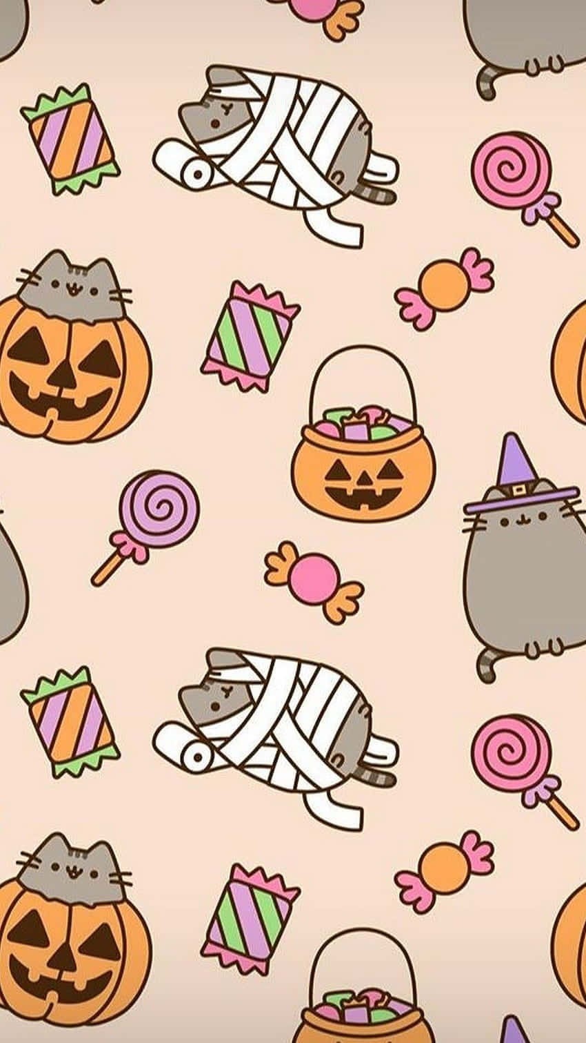 Aesthetic Halloween Background Cute Cat Candies And Pumpkin Baskets Background