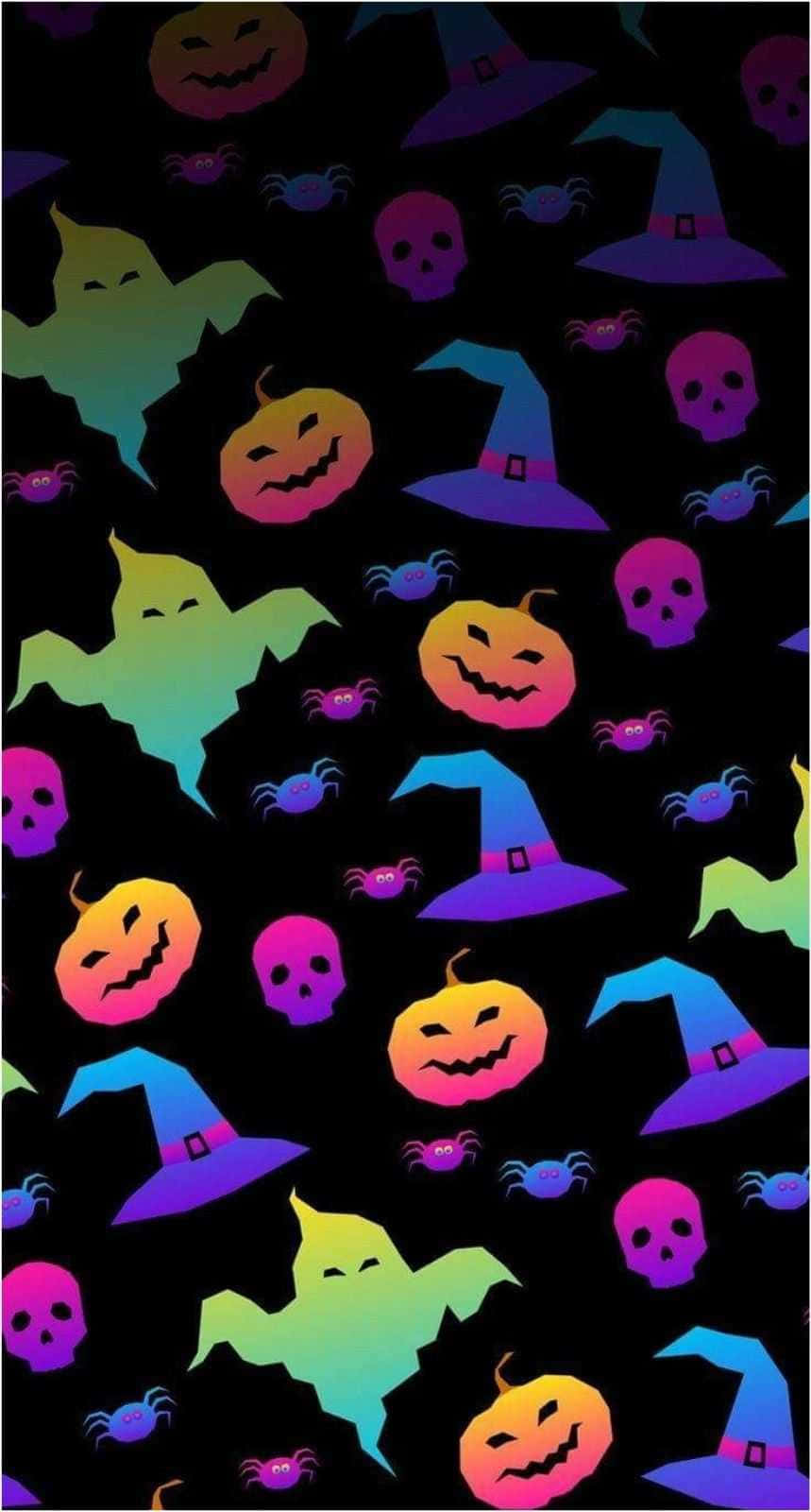 Aesthetic Halloween Background Ghosts Pumpkins And Witch Hats Background
