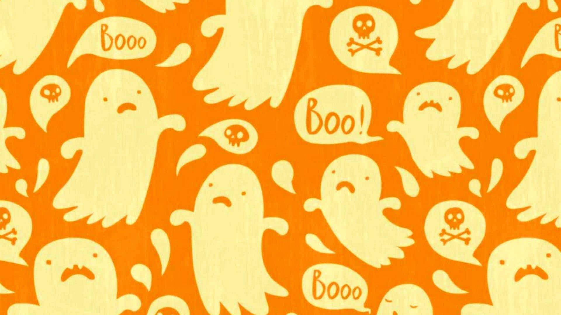 Aesthetic Halloween Background Cute Scaring Ghosts Orange Background