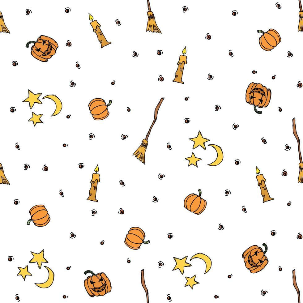 Aesthetic Halloween Background Brooms Pumpkins Candles Pattern Background