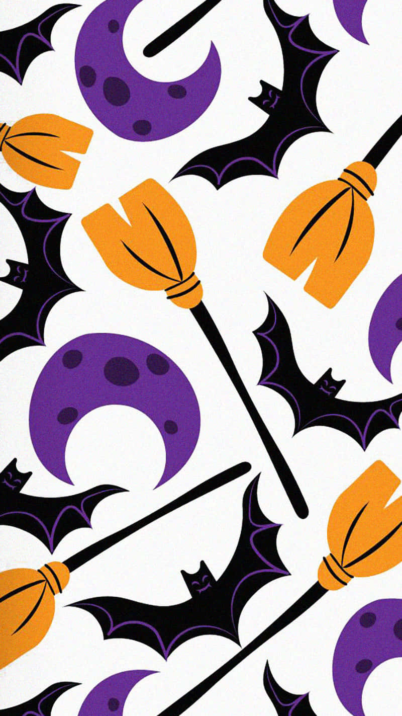 Aesthetic Halloween Background Brooms Bats And Moon Background