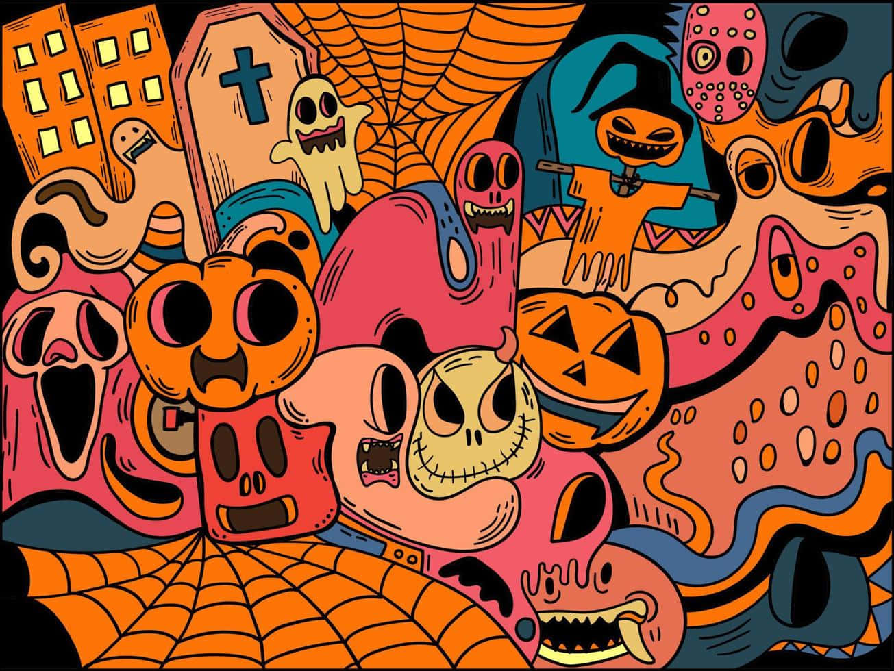 halloween doodles with a spider and other characters