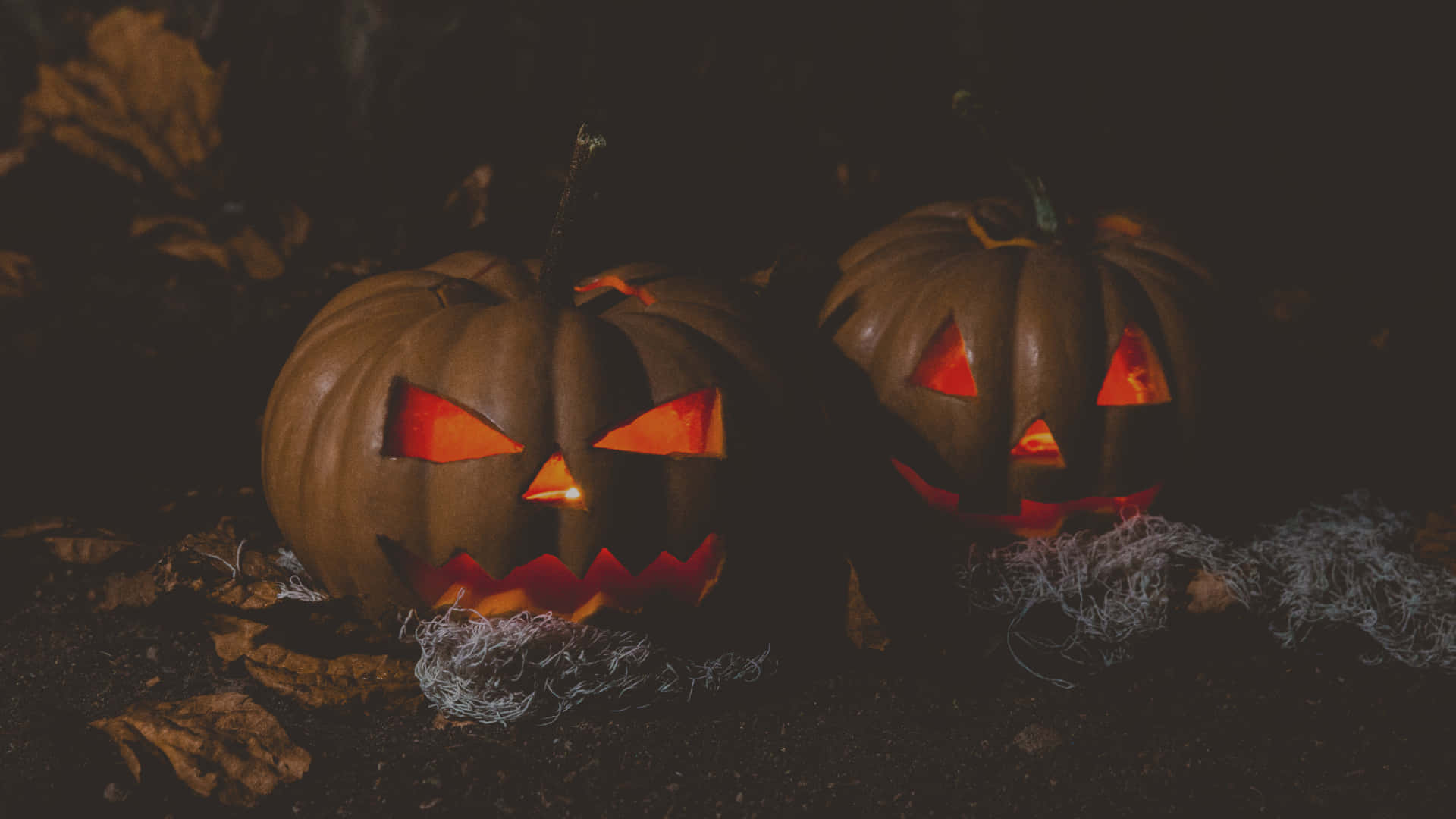 Two Pumpkins With Glowing Eyes In The Dark