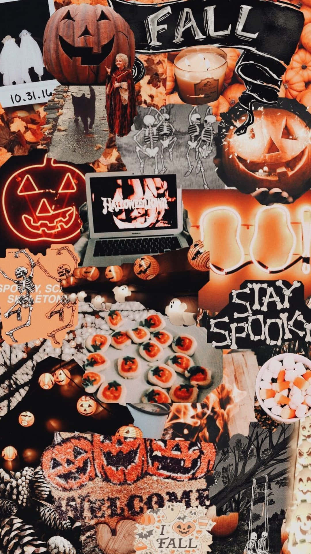 Et collage af halloween dekorationer og billeder