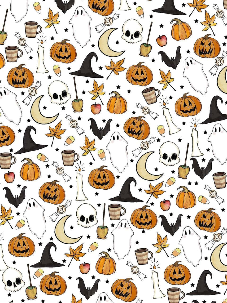 Et Halloween-mønster med græskar, spøgelser og andre halloween-genstande.