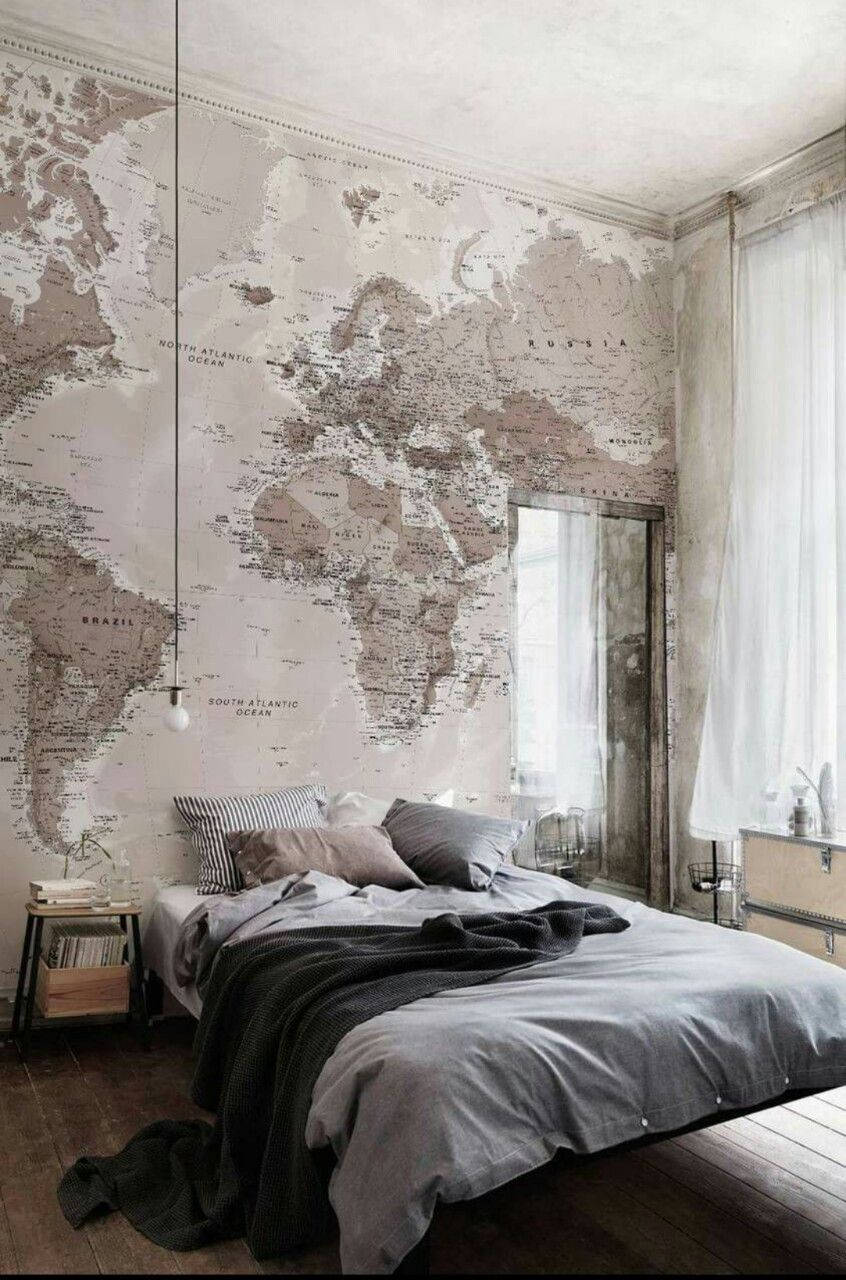 Ästhetischeszuhause Schlafzimmer Mit Einer Wandkarte Wallpaper