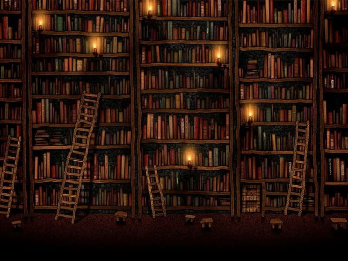 Ettbibliotek Med Många Böcker Och Stegar