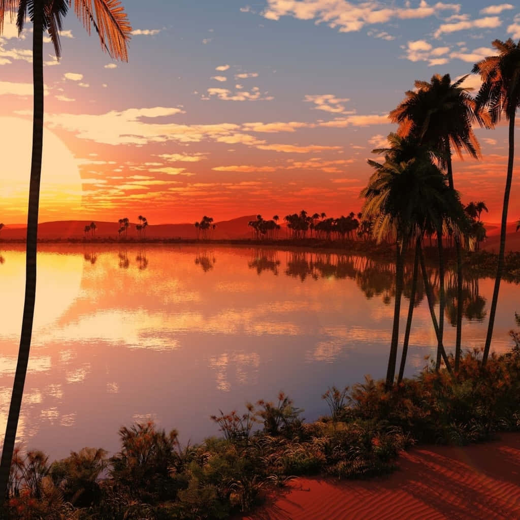 A Sunset Scene With Palm Trees And A Lake