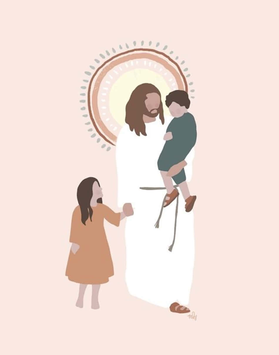 Jesus med børn og et lille lam Wallpaper