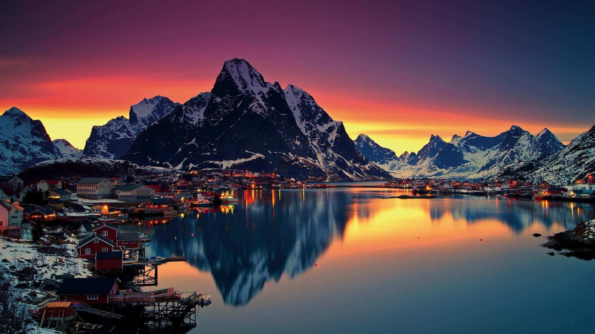 Aesthetic Lake Village Mountains Sunset Wallpaper