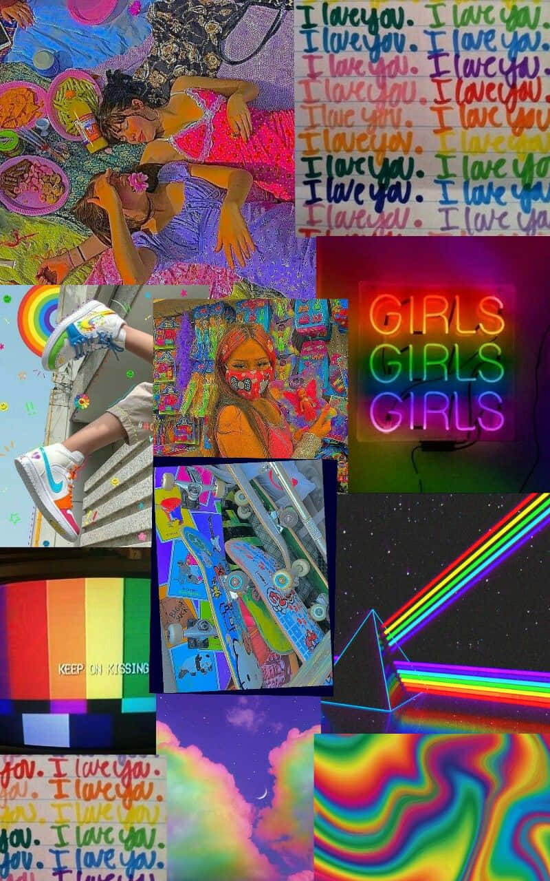 Imagenestética De Chicas Con Un Collage Arcoíris Lgbt. Fondo de pantalla