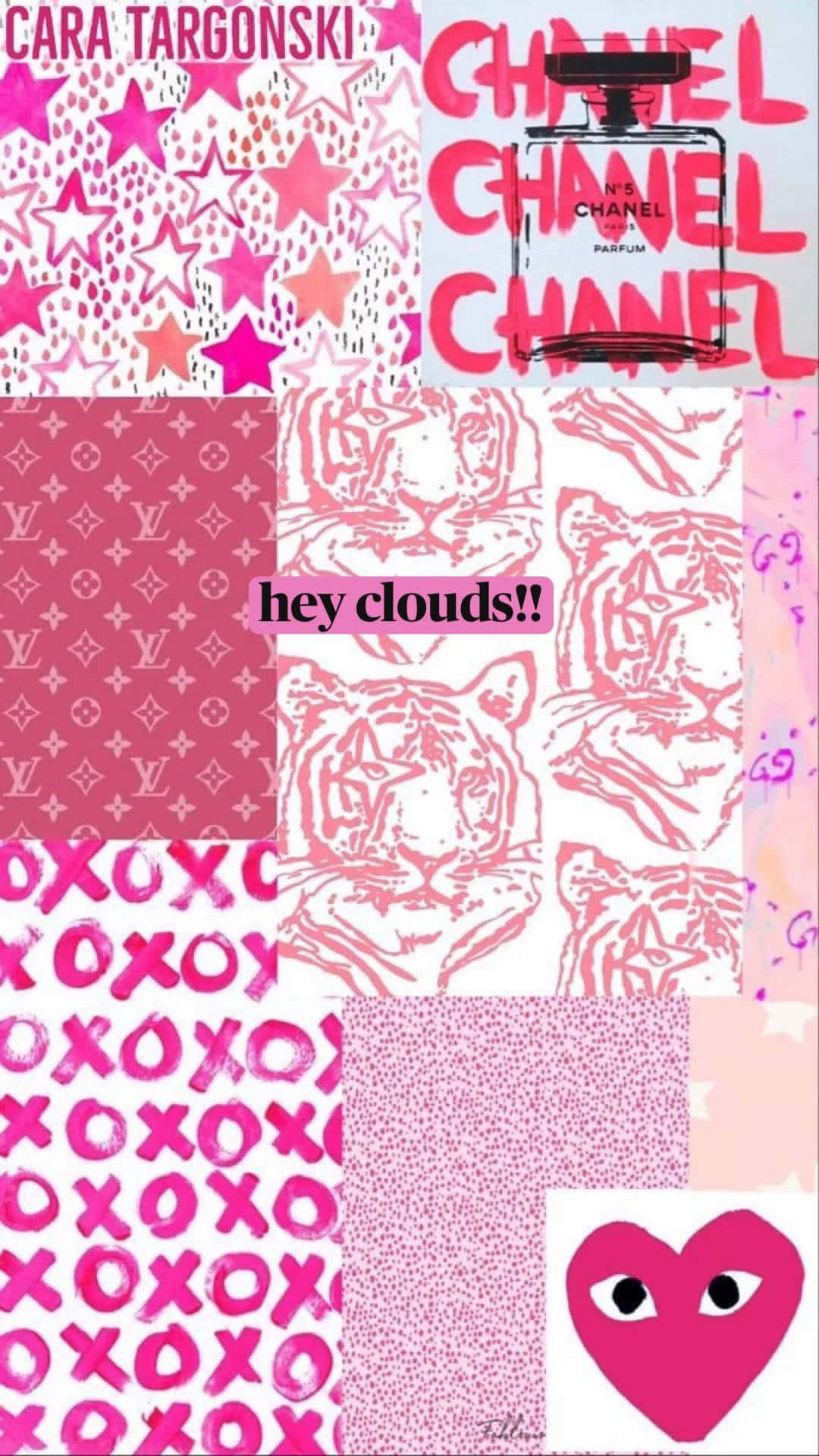 a collage of pink and white patterns with hearts and teddy bears