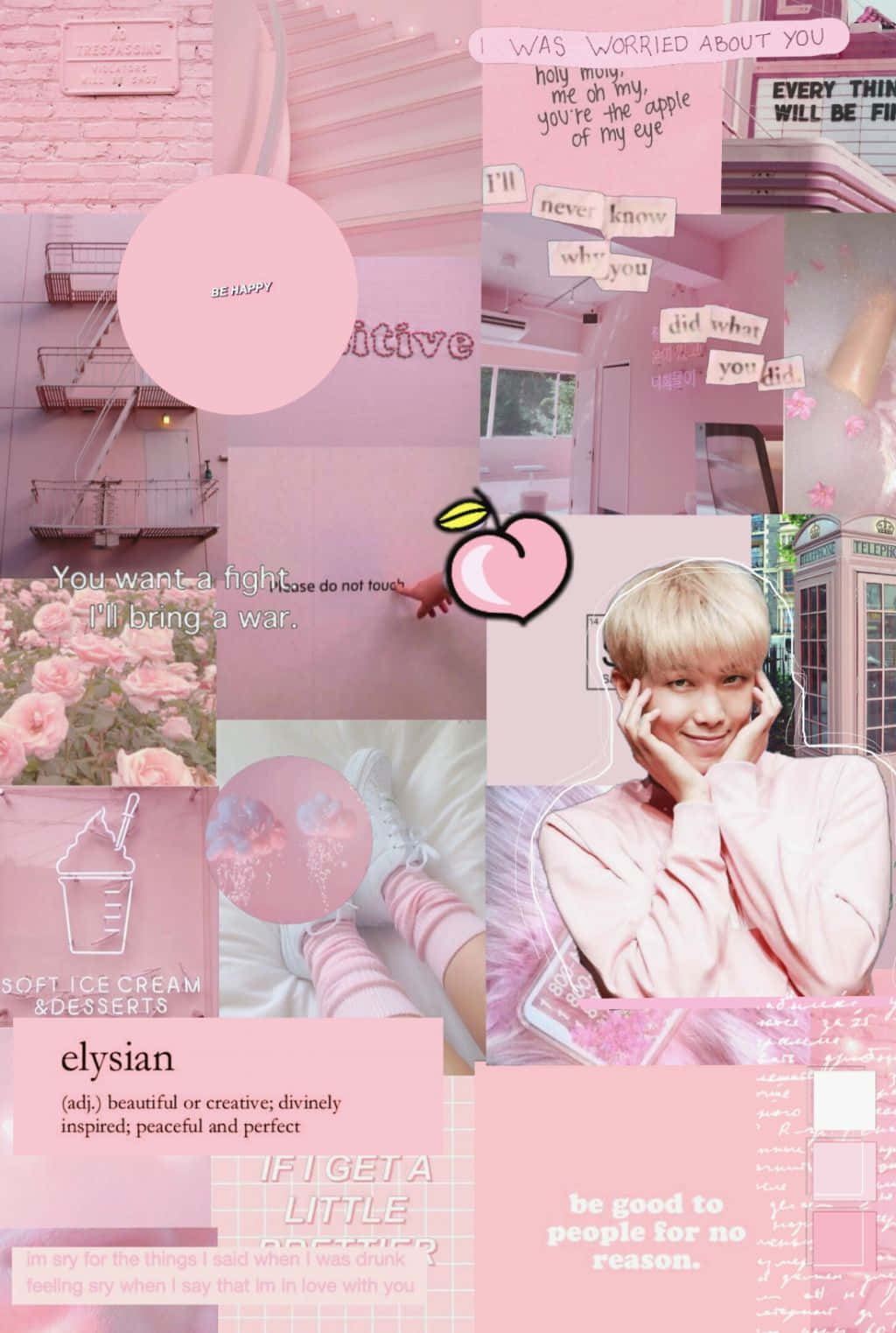 a pink collage with many pictures and words