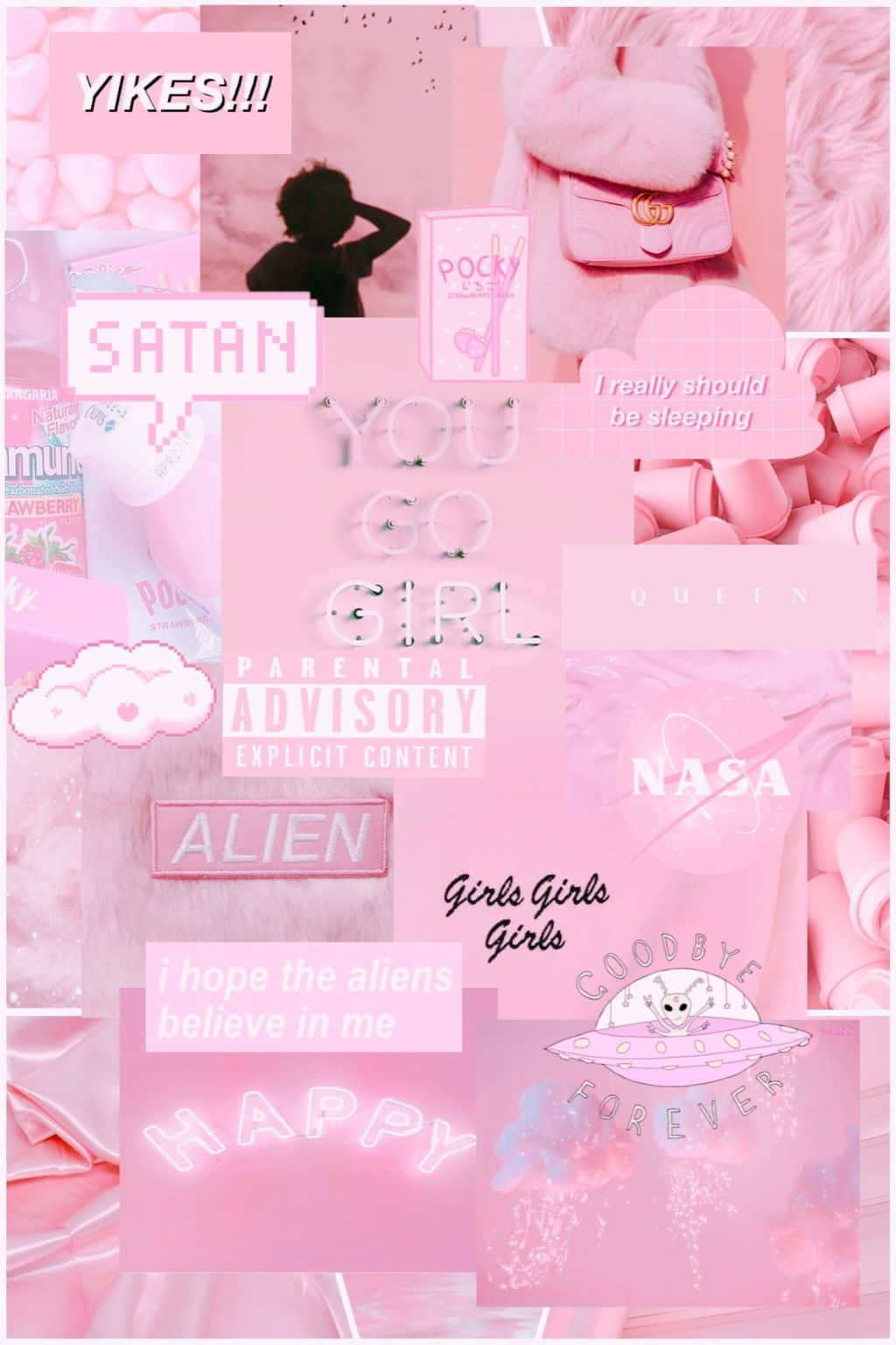 pink wallpaper with a lot of pink items
