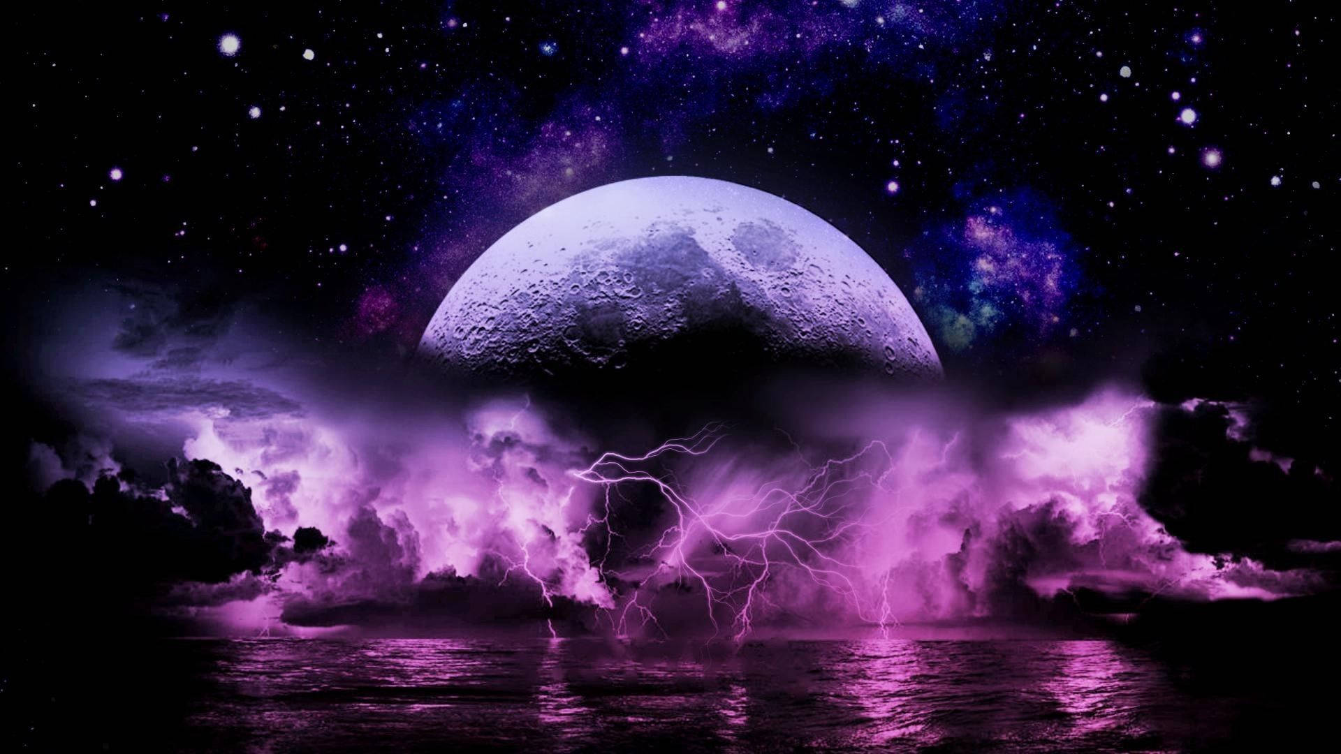 Aesthetic Lightning Purple Galaxy Planet Art Wallpaper