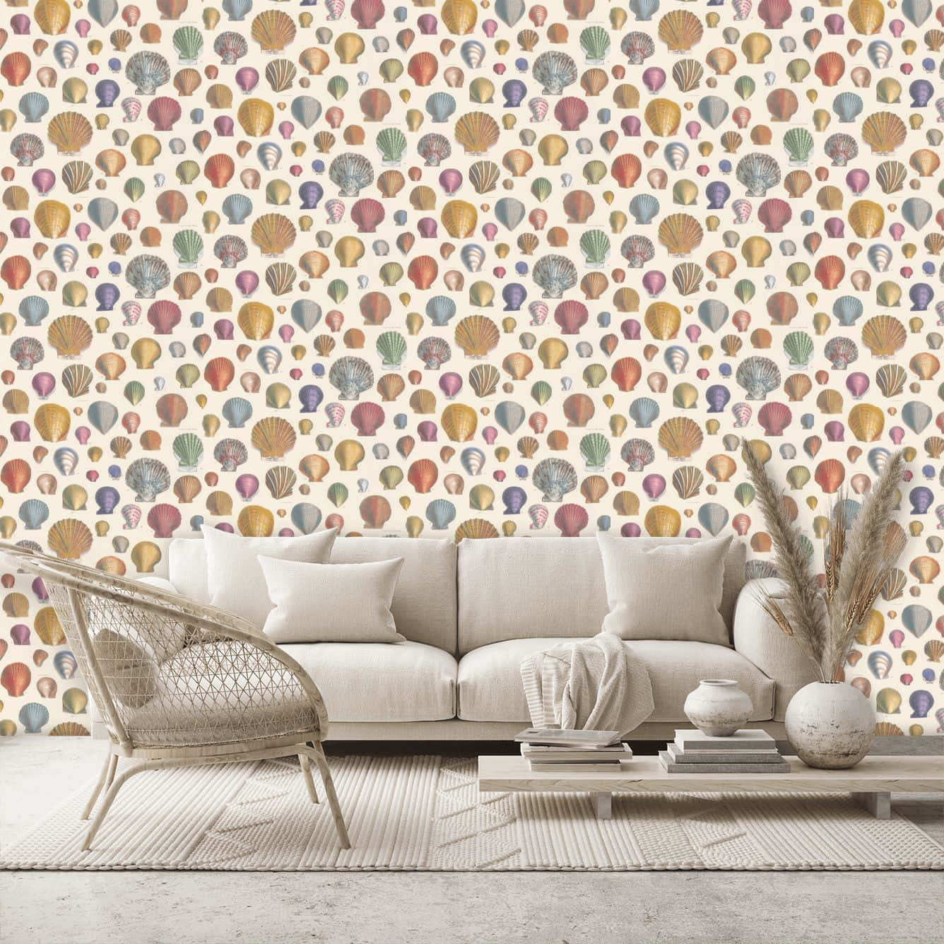 Aesthetic Living Room With Seashell Design Wallpaper