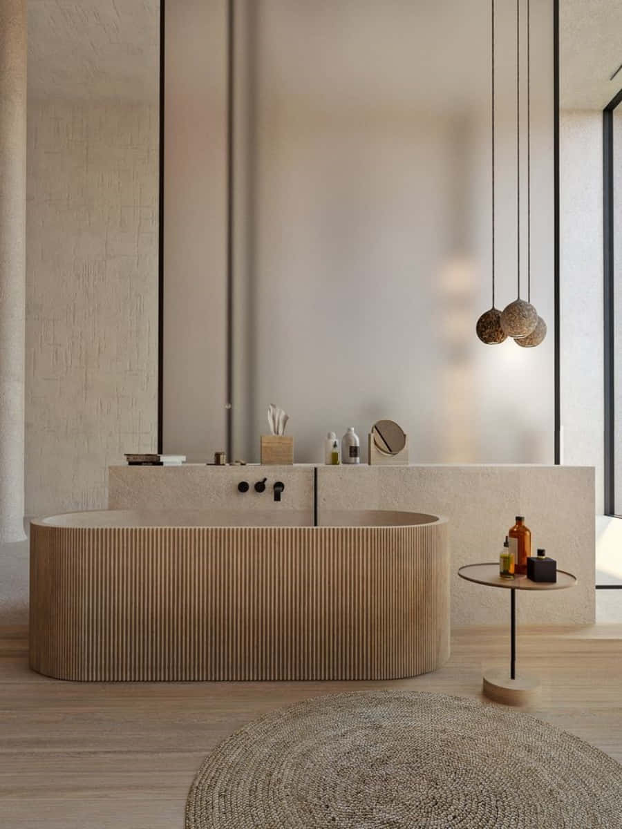A Bathroom With A Wooden Bathtub And A Wooden Floor