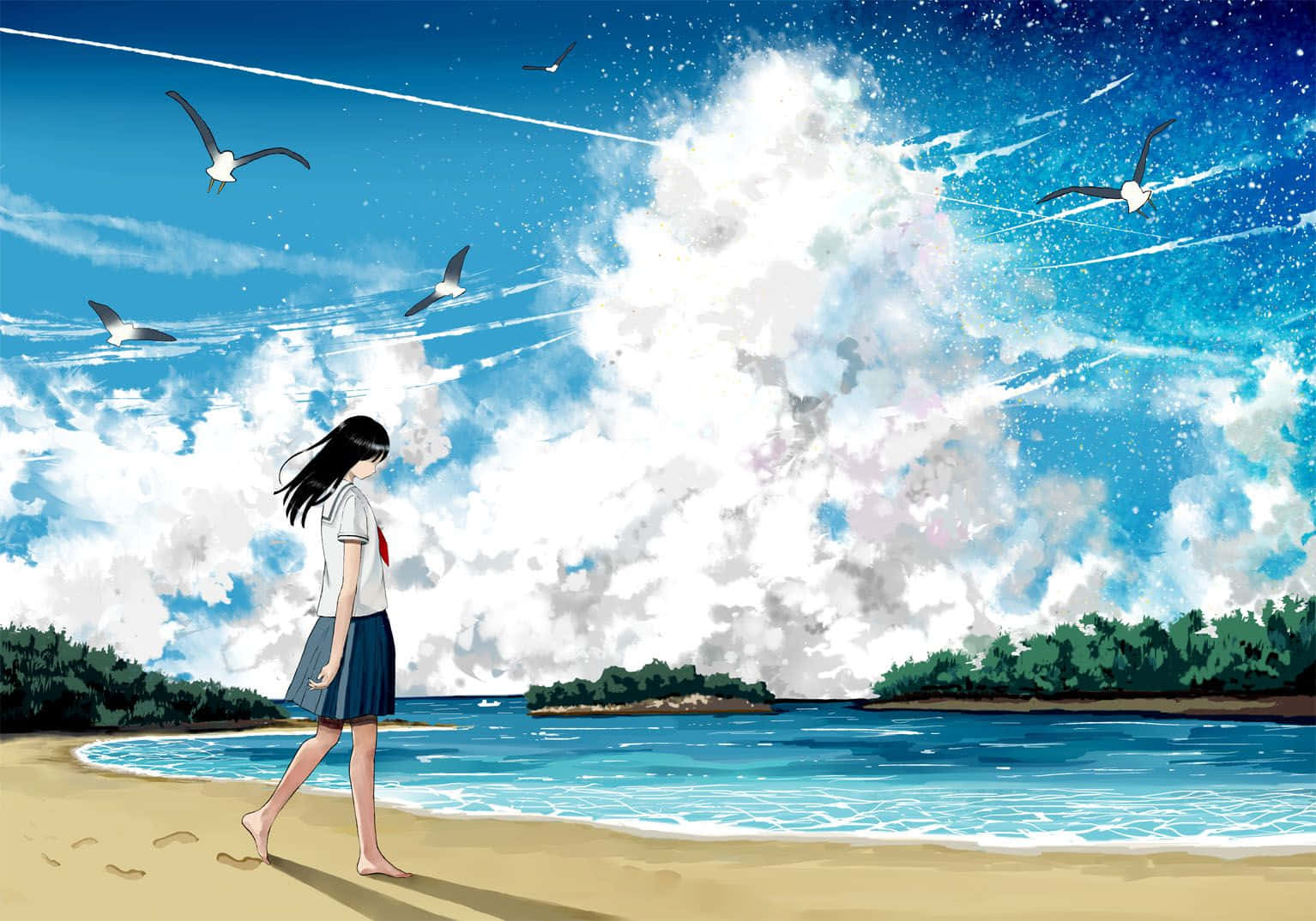 Aesthetic Natsuno Kanata Anime Girl On Beach Wallpaper