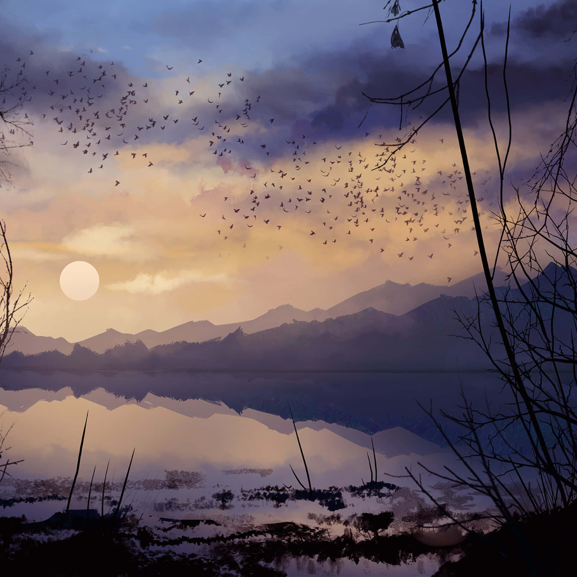 Eingemälde Eines Sees, Um Den Vögel Herumfliegen. Wallpaper