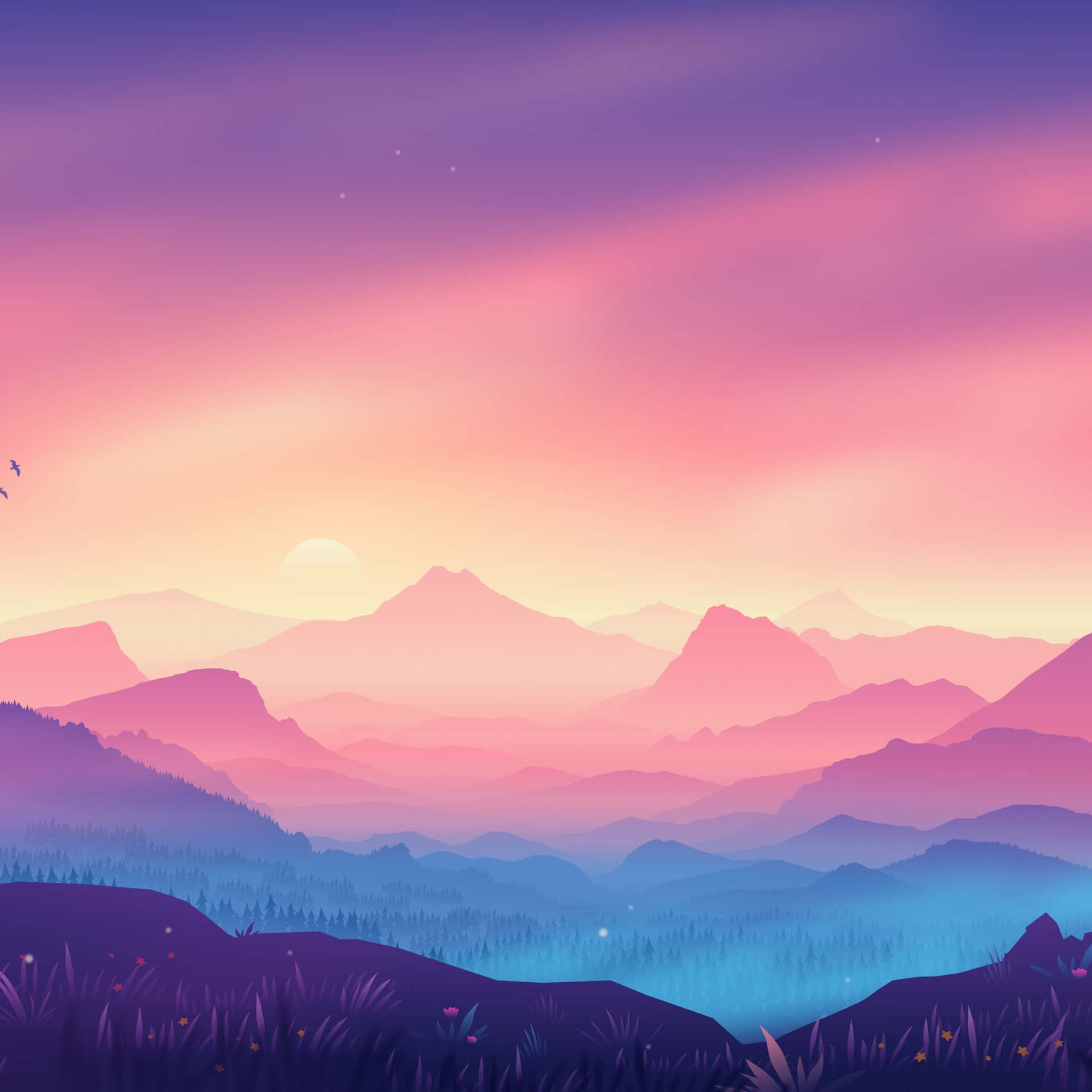 Unpaisaje Colorido Con Montañas Y Pájaros. Fondo de pantalla