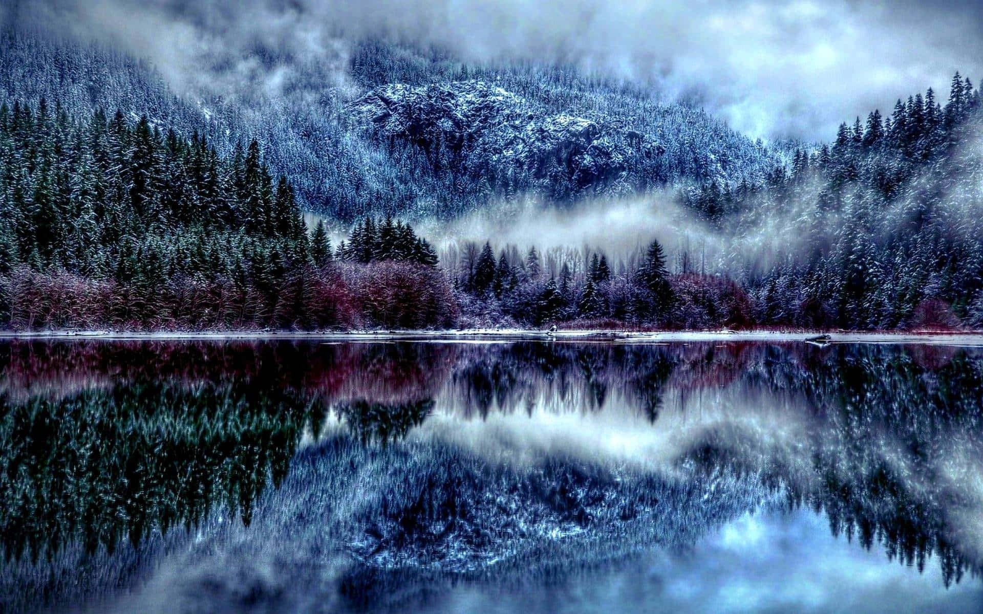 En sø med træer og sne reflekteret i den. Wallpaper