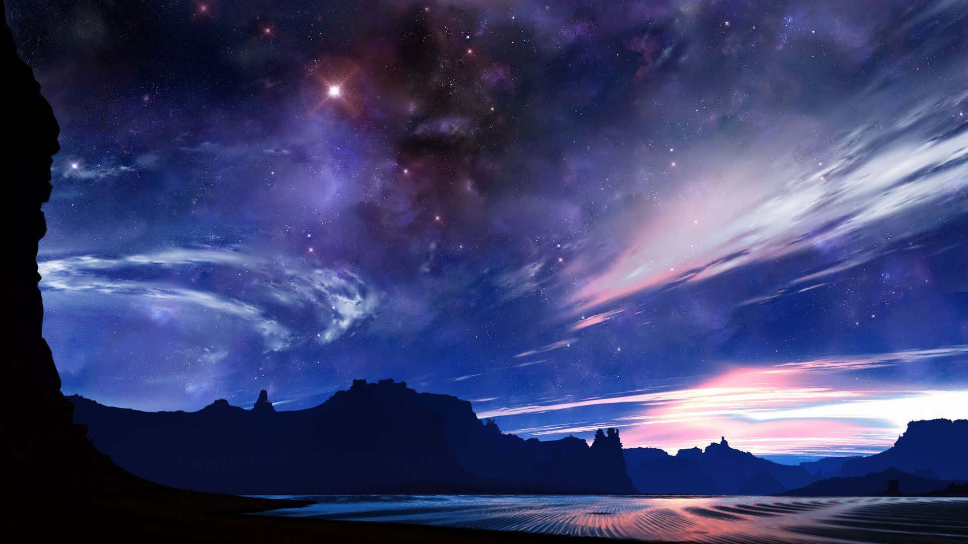 Aesthetic Night Sky Mountains Art Wallpaper