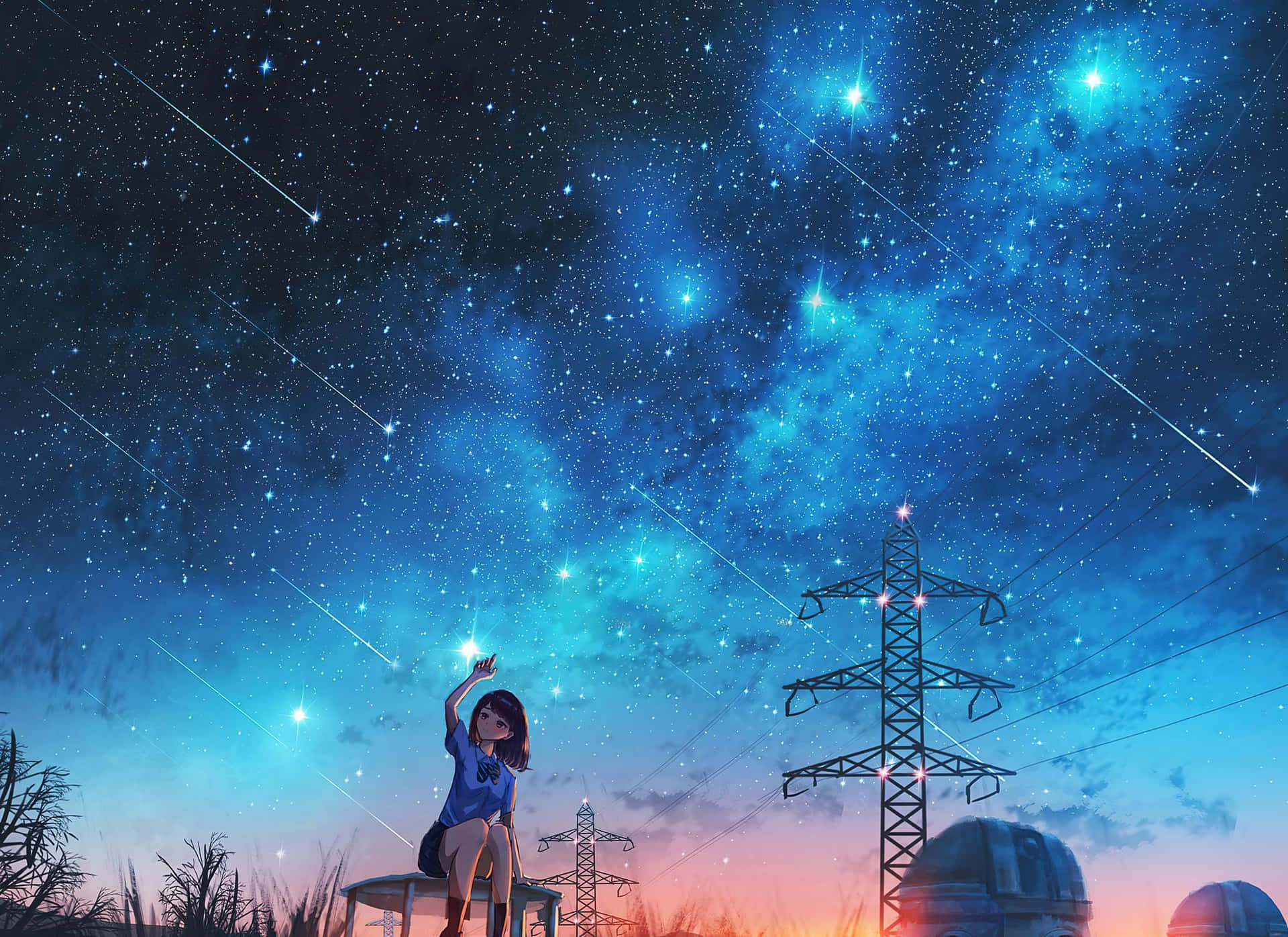Aesthetic Night Sky Over Girl Sitting Wallpaper